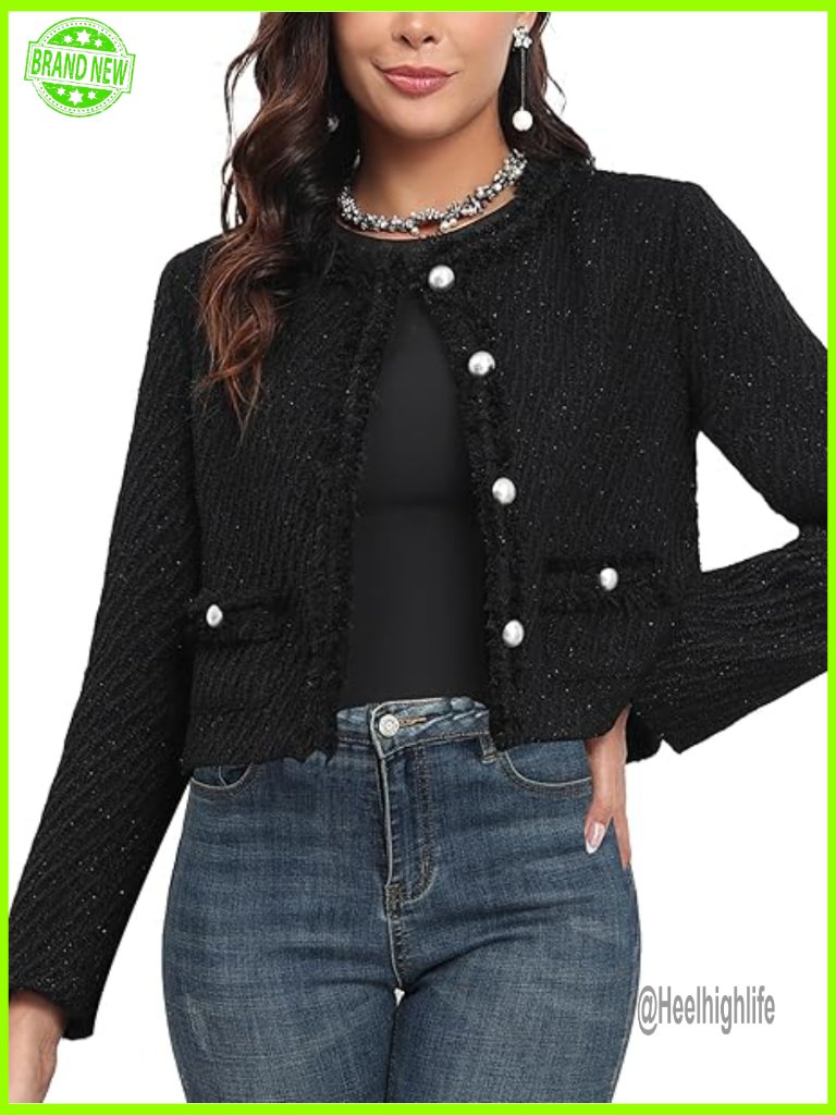 Tweed Cropped Blazer With Pockets, Long Sleeve Collarless Jacket For Work